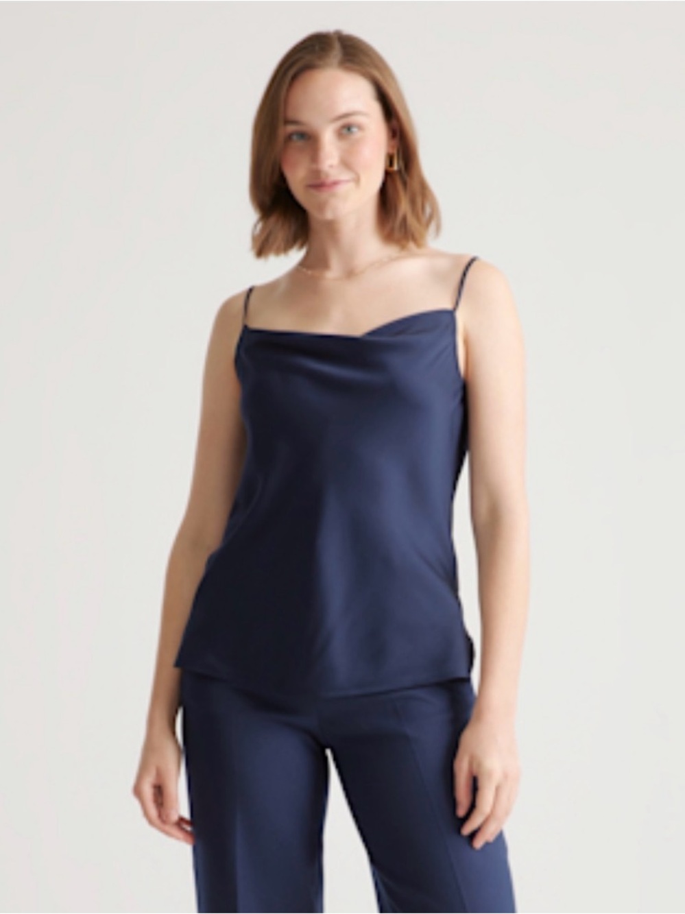 Quince Washable Stretch Silk Cowl Neck Cami in Navy size Large